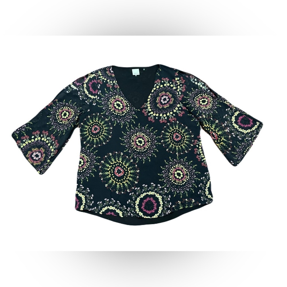 Ecru Black and Pink Patterned Blouse